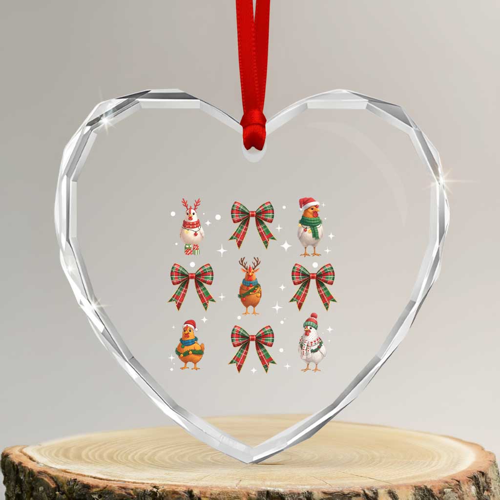 Cute Christmas Chicken With Xmas Coquette Bow Heart Crystal Glass Ornament - Wonder Print Shop