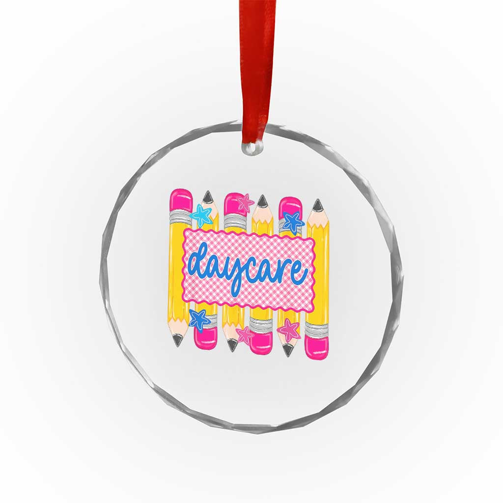 Cute Daycare Teacher Yellow Pencils Graphic Crystal Glass Ornament Retro Back to School Childcare Gift