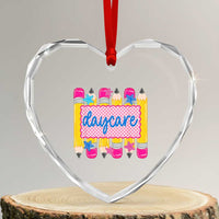 Cute Daycare Teacher Yellow Pencils Graphic Heart Crystal Glass Ornament Retro Back to School Childcare Gift