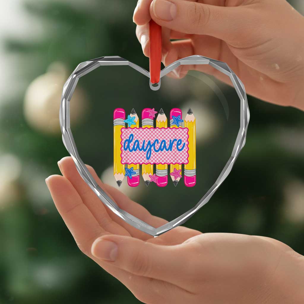 Cute Daycare Teacher Yellow Pencils Graphic Heart Crystal Glass Ornament Retro Back to School Childcare Gift