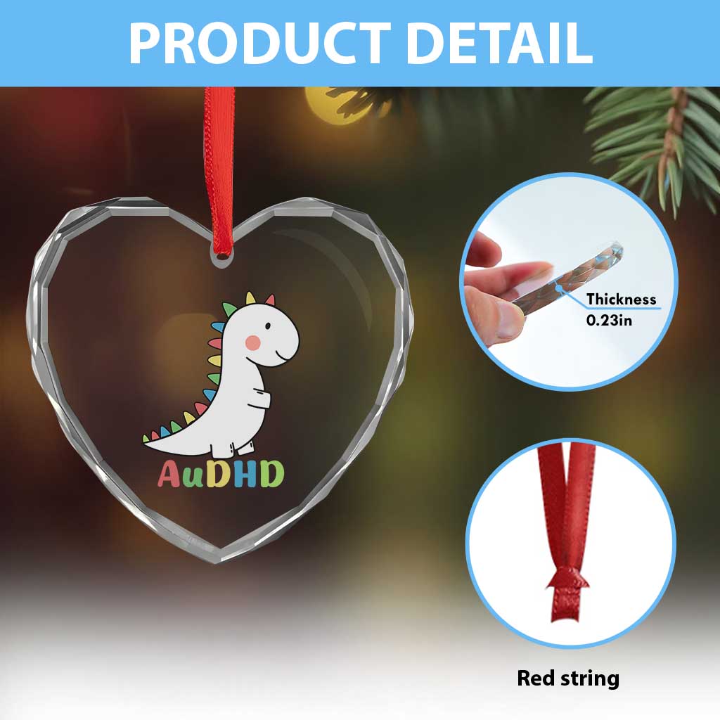 Cute Dinosaur AuDHD Heart Crystal Glass Ornament ADHD Awareness - Wonder Print Shop