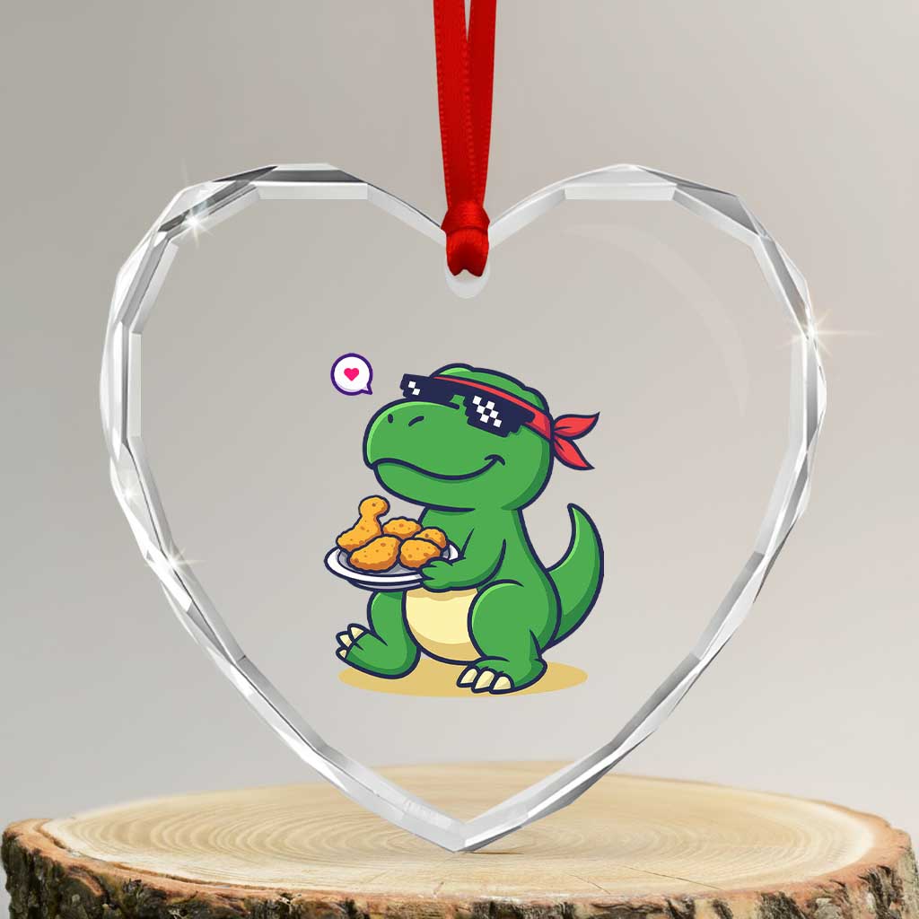 Cute Dinosaur Eating Chicken Nuggets Heart Crystal Glass Ornament Food Humor Gift - Wonder Print Shop