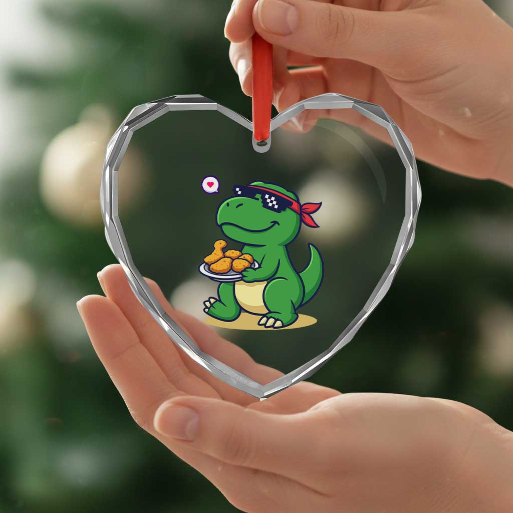 Cute Dinosaur Eating Chicken Nuggets Heart Crystal Glass Ornament Food Humor Gift - Wonder Print Shop