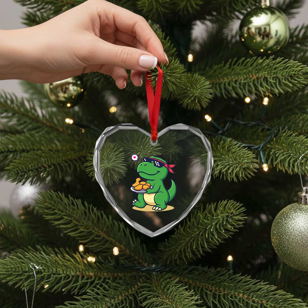Cute Dinosaur Eating Chicken Nuggets Heart Crystal Glass Ornament Food Humor Gift - Wonder Print Shop