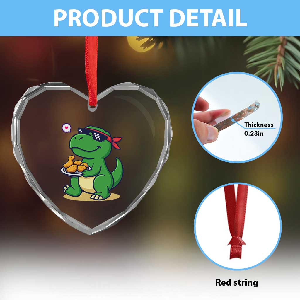 Cute Dinosaur Eating Chicken Nuggets Heart Crystal Glass Ornament Food Humor Gift - Wonder Print Shop
