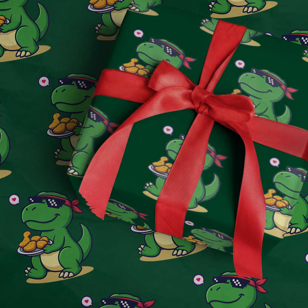 Cute Dinosaur Eating Chicken Nuggets Wrapping Paper Roll Food Humor Gift - Wonder Print Shop