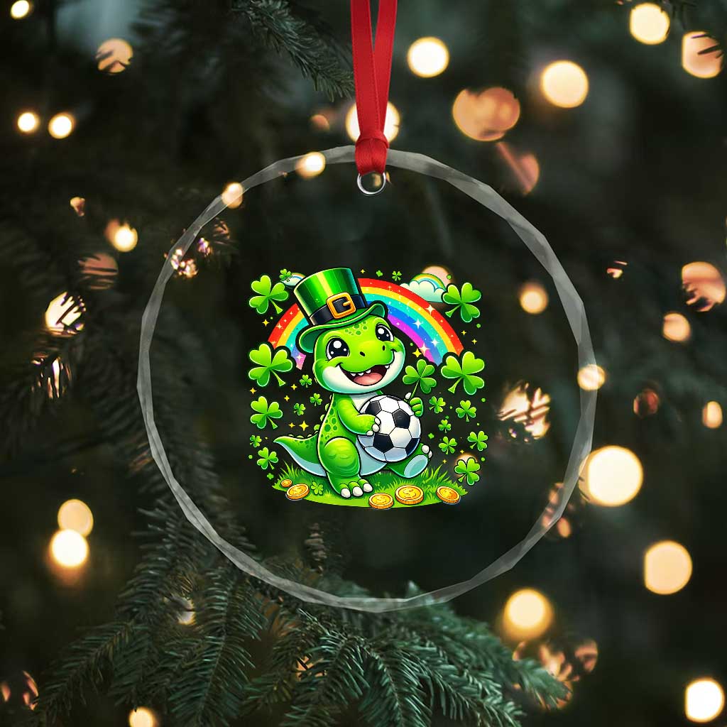 Cute Dinosaur Soccer Player Crystal Glass Ornament St Patricks Day Dino Lover