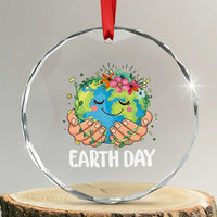 Cute Earth with Floral Earth Day Crystal Glass Ornament