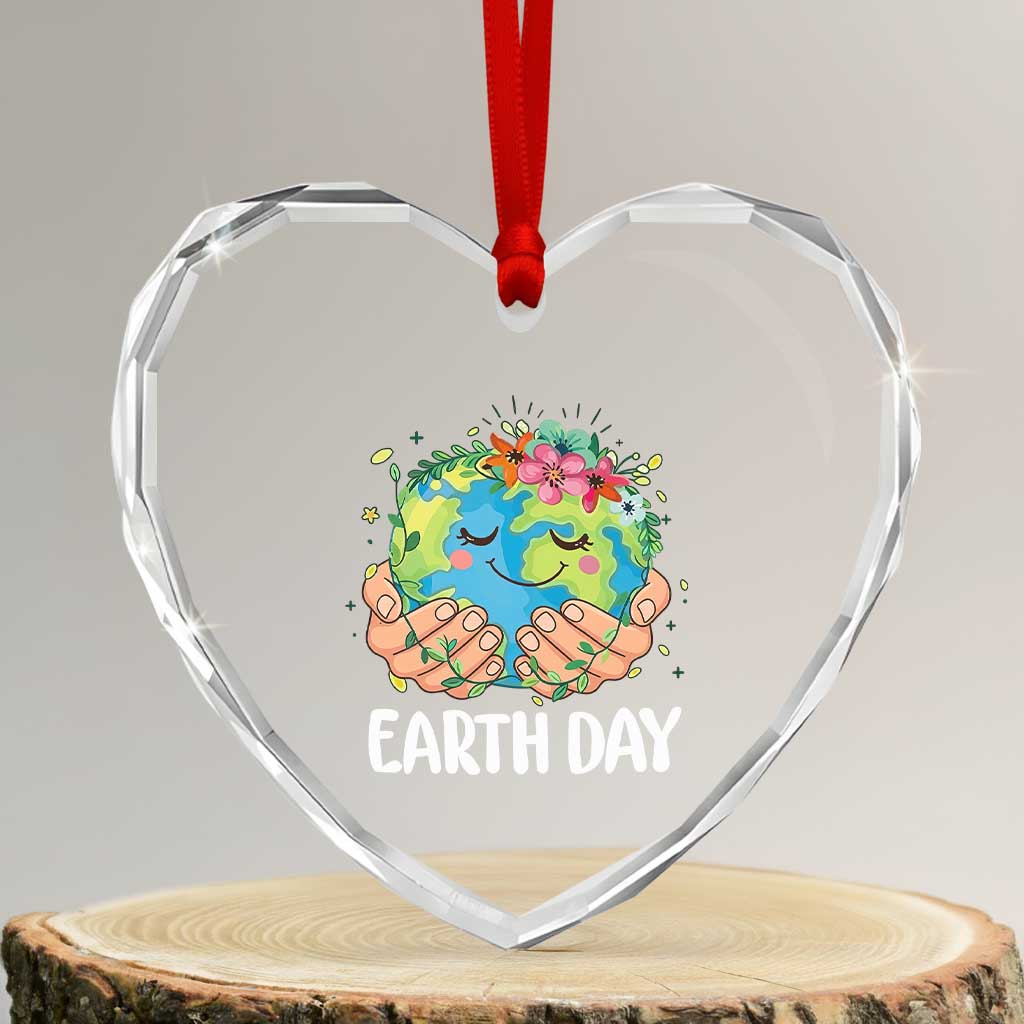 Cute Earth with Floral Earth Day Heart Crystal Glass Ornament