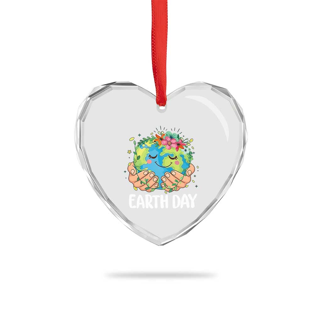 Cute Earth with Floral Earth Day Heart Crystal Glass Ornament