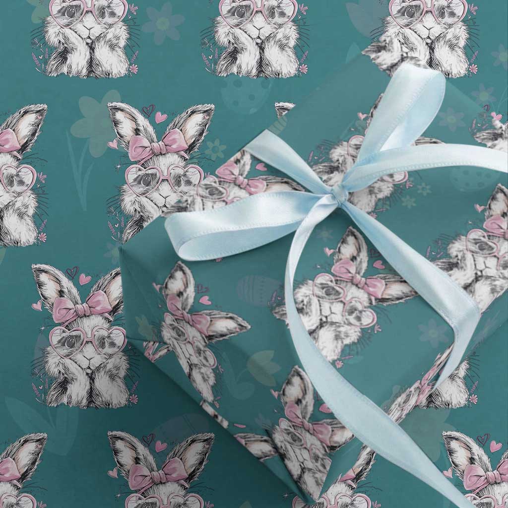 Cute Easter Bunny with Heart Glasses Pink Bow Wrapping Paper Roll Adorable Rabbit Love Aesthetic Gift