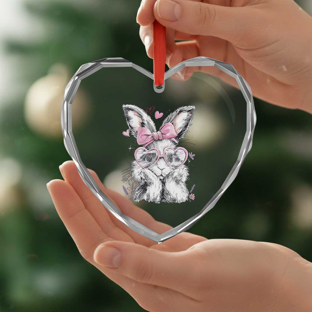 Cute Easter Bunny with Heart Glasses Pink Bow Heart Crystal Glass Ornament Adorable Rabbit Love Aesthetic Gift