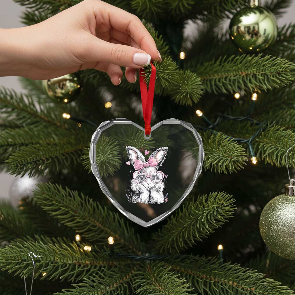 Cute Easter Bunny with Heart Glasses Pink Bow Heart Crystal Glass Ornament Adorable Rabbit Love Aesthetic Gift