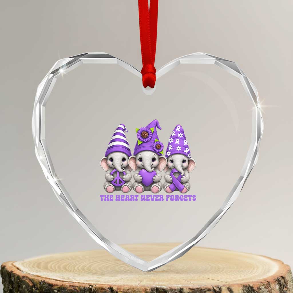 Cute Elephant Gnome Purple Ribbon Alzheimer's Support Heart Crystal Glass Ornament The Heart Never Forgets