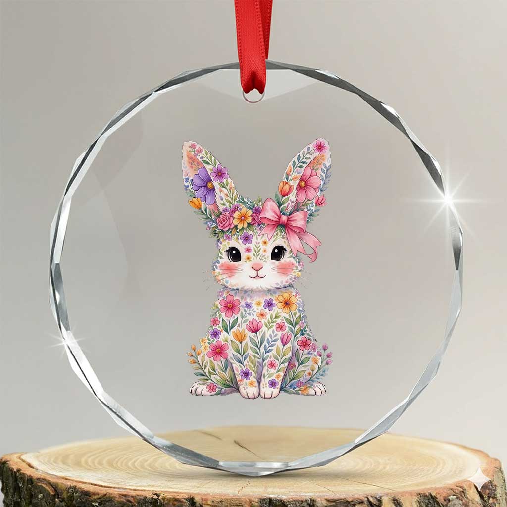 Cute Floral Easter Bunny Graphic Crystal Glass Ornament Adorable Spring Rabbit with Flowers Pastel Aesthetic Gift