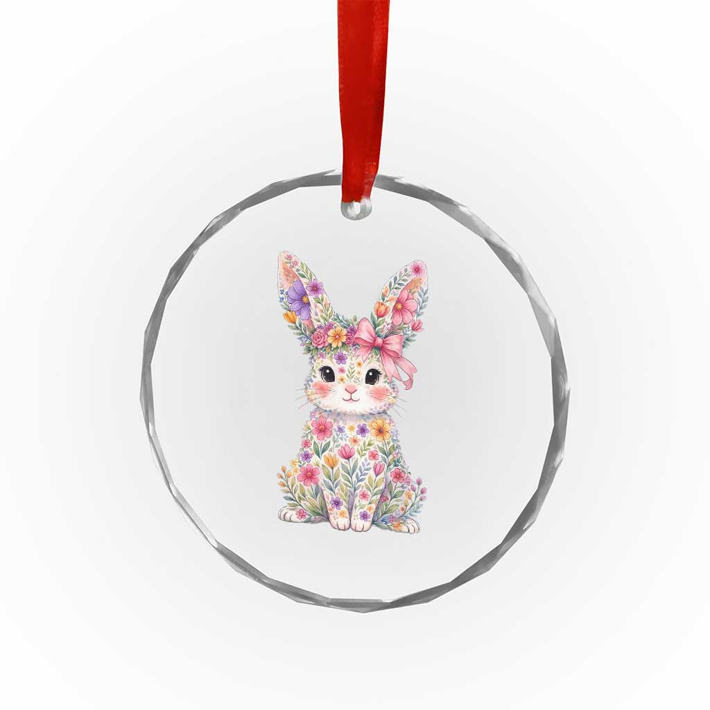Cute Floral Easter Bunny Graphic Crystal Glass Ornament Adorable Spring Rabbit with Flowers Pastel Aesthetic Gift