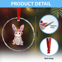 Cute Floral Easter Bunny Graphic Crystal Glass Ornament Adorable Spring Rabbit with Flowers Pastel Aesthetic Gift