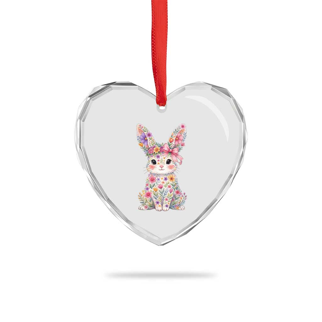 Cute Floral Easter Bunny Graphic Heart Crystal Glass Ornament Adorable Spring Rabbit with Flowers Pastel Aesthetic Gift