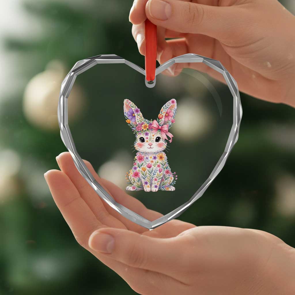 Cute Floral Easter Bunny Graphic Heart Crystal Glass Ornament Adorable Spring Rabbit with Flowers Pastel Aesthetic Gift