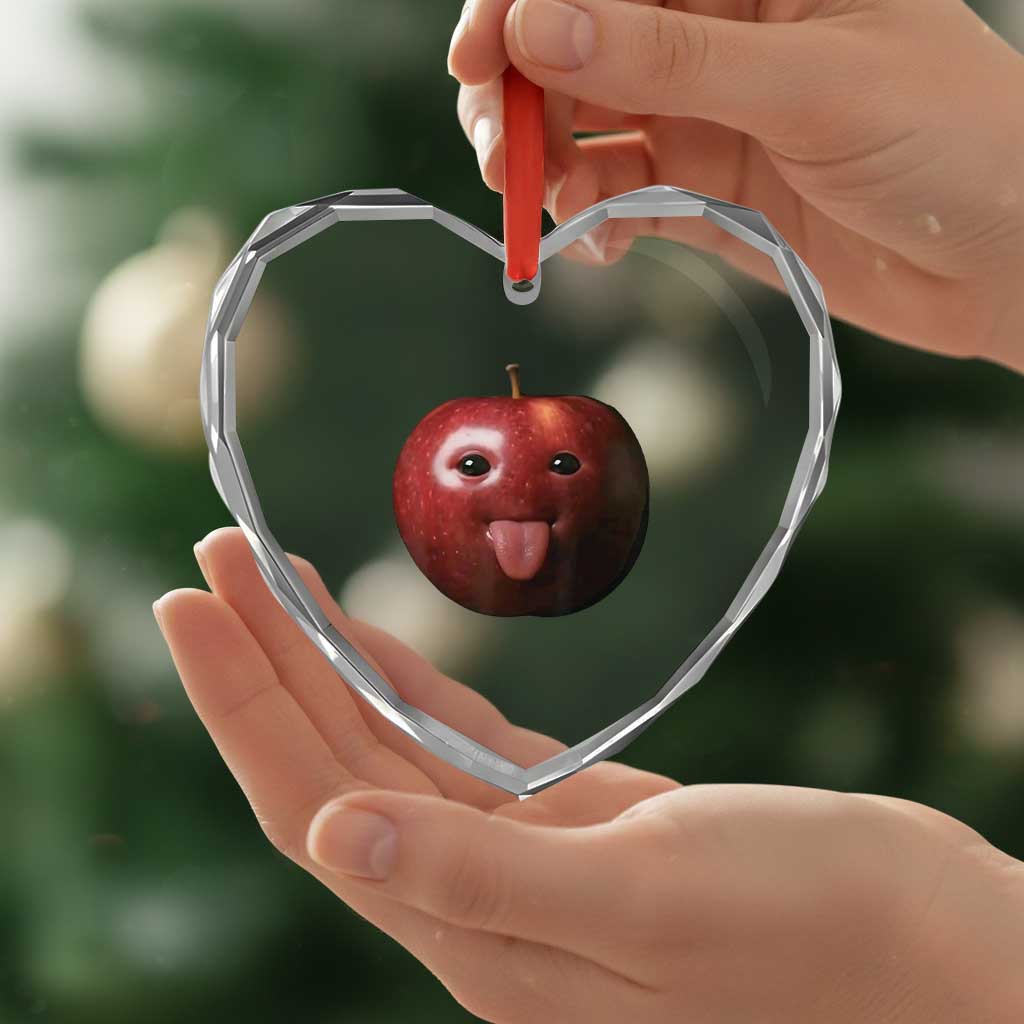 Cute Freaky Apple with Tongue Out Heart Crystal Glass Ornament Funny Goofy AI Fruit Meme - Wonder Print Shop