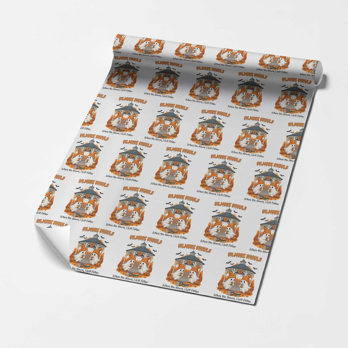 Cute Gilmore Ghouls Halloween Ghost Wrapping Paper Roll Cozy Fall Aesthetic with Pumpkin Spice and Books - Wonder Print Shop
