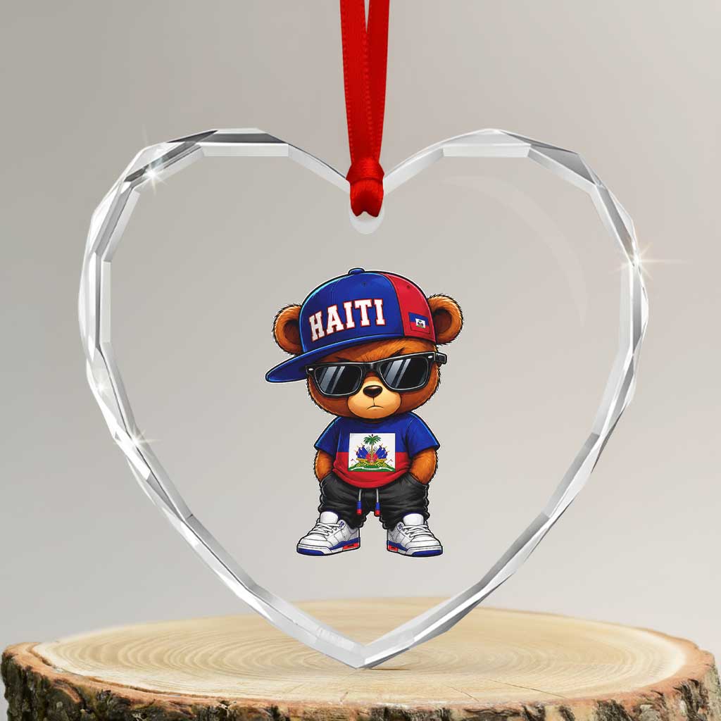 Cute Haiti Heart Crystal Glass Ornament Hip Hop Teddy Bear Haitian Flag Ayiti Roots