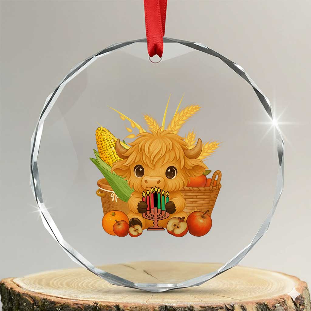 Cute Highland Cow With Kwanzaa Kinara And Presents Crystal Glass Ornament African Heritage Gift - Wonder Print Shop