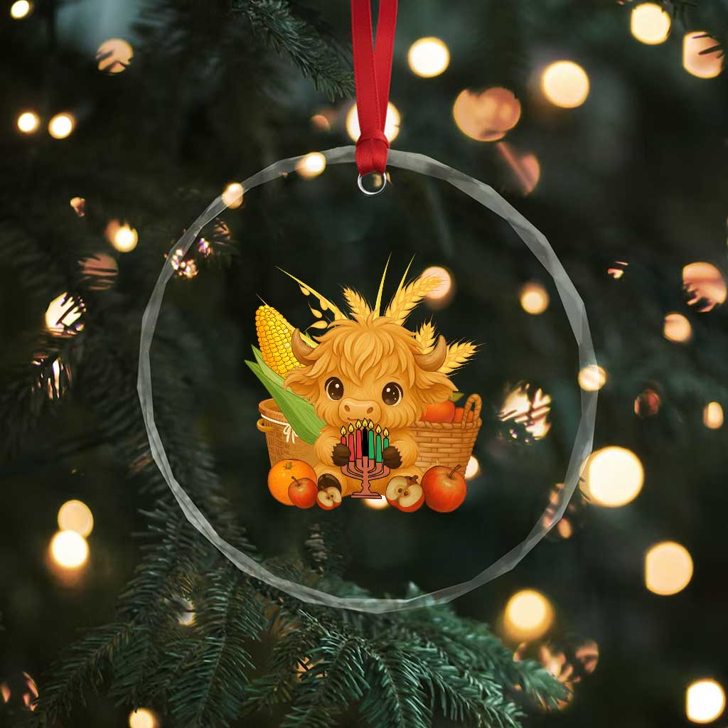 Cute Highland Cow With Kwanzaa Kinara And Presents Crystal Glass Ornament African Heritage Gift - Wonder Print Shop