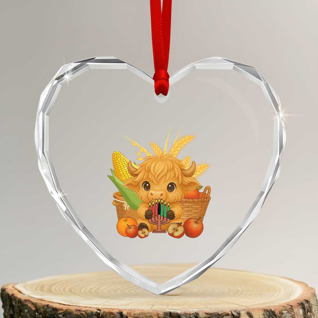 Cute Highland Cow With Kwanzaa Kinara And Presents Heart Crystal Glass Ornament African Heritage Gift - Wonder Print Shop