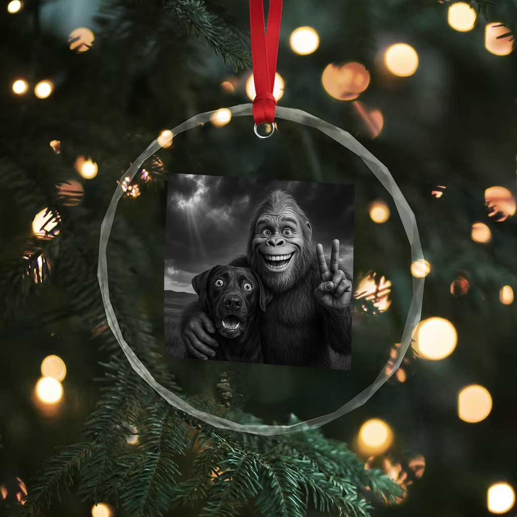 Cute Labrador Selfie With Bigfoot Crystal Glass Ornament Funny Cryptid - Wonder Print Shop