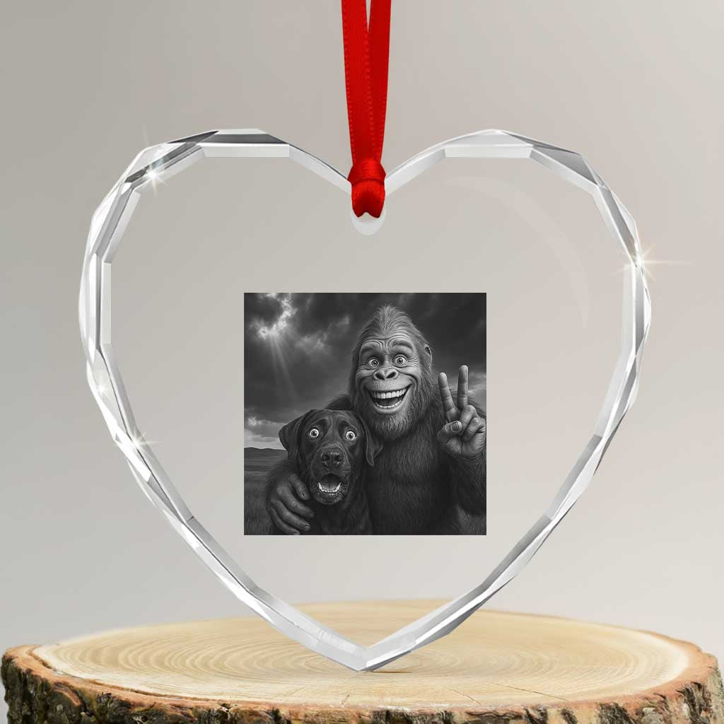 Cute Labrador Selfie With Bigfoot Heart Crystal Glass Ornament Funny Cryptid - Wonder Print Shop