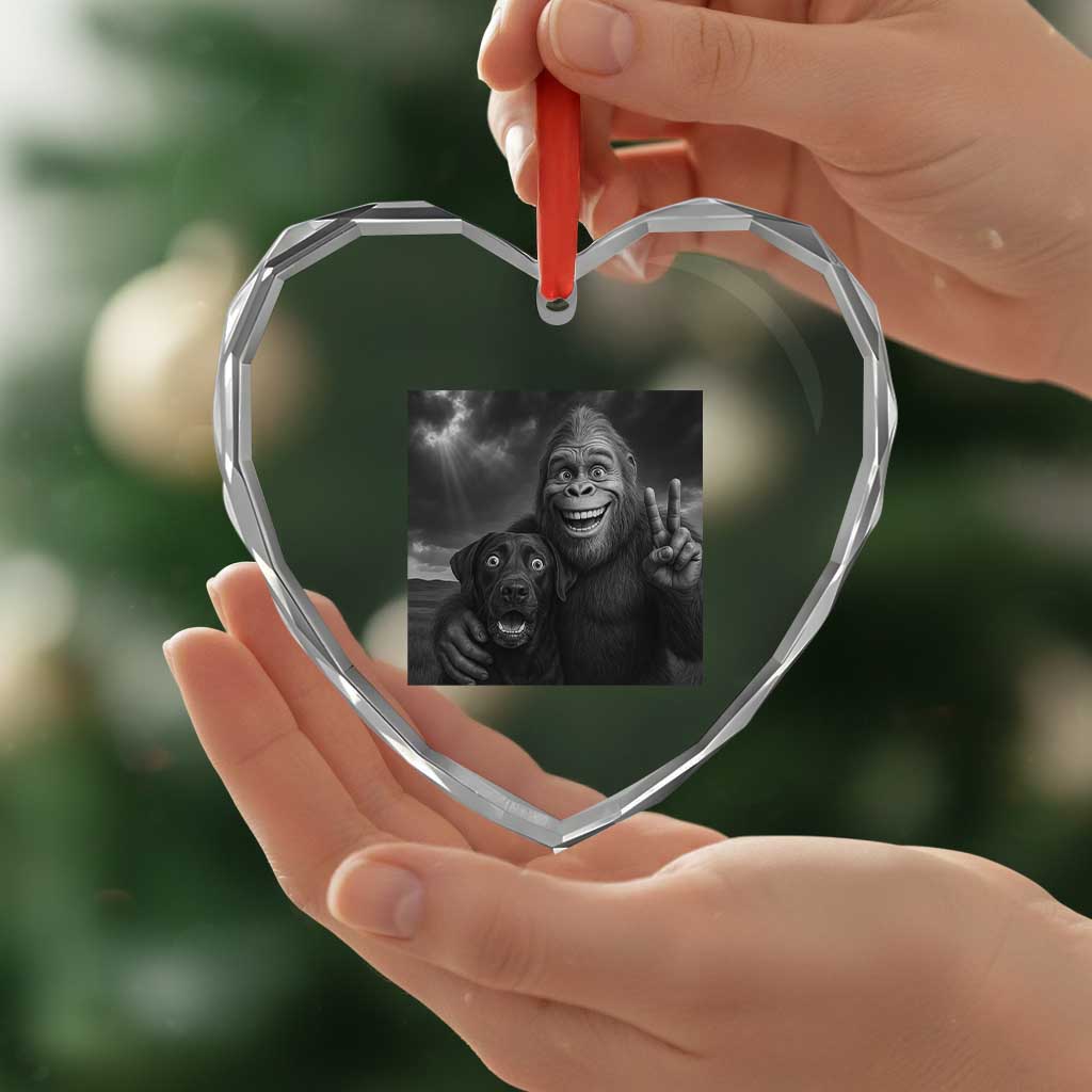Cute Labrador Selfie With Bigfoot Heart Crystal Glass Ornament Funny Cryptid - Wonder Print Shop
