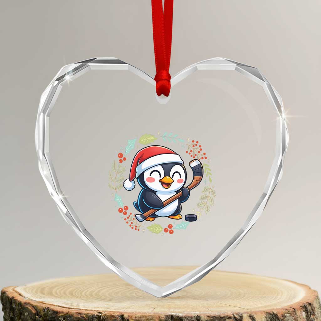 Cute Penguin Playing Ice Hockey Heart Crystal Glass Ornament Funny Christmas Gift - Wonder Print Shop
