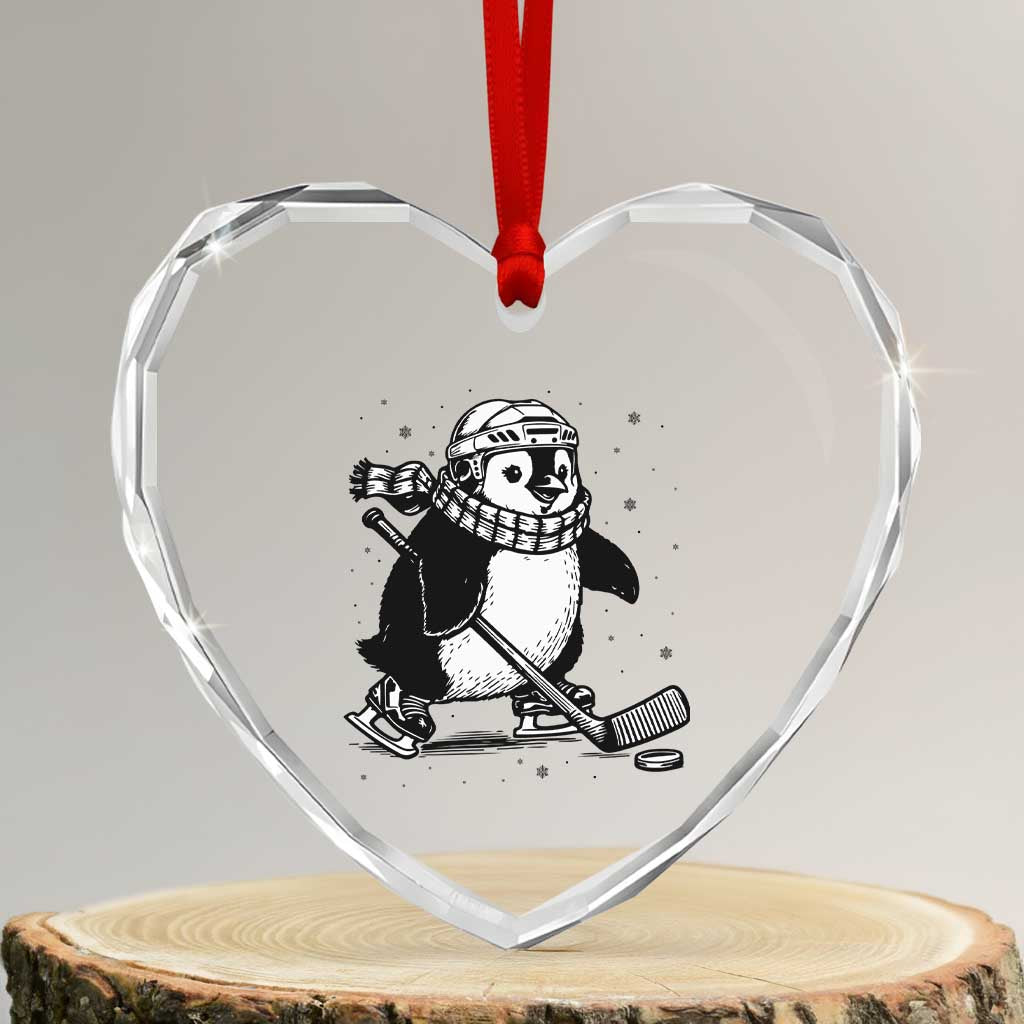 Cute Penguin Playing Ice Hockey Heart Crystal Glass Ornament Funny Sports Lover Gift - Wonder Print Shop