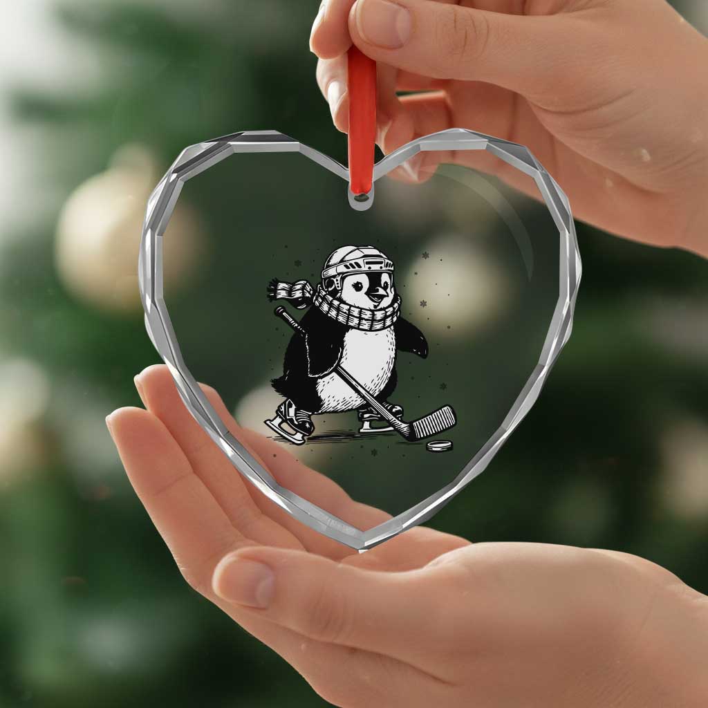 Cute Penguin Playing Ice Hockey Heart Crystal Glass Ornament Funny Sports Lover Gift - Wonder Print Shop