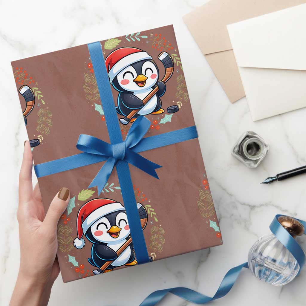 Cute Penguin Playing Ice Hockey Wrapping Paper Roll Funny Christmas Gift - Wonder Print Shop