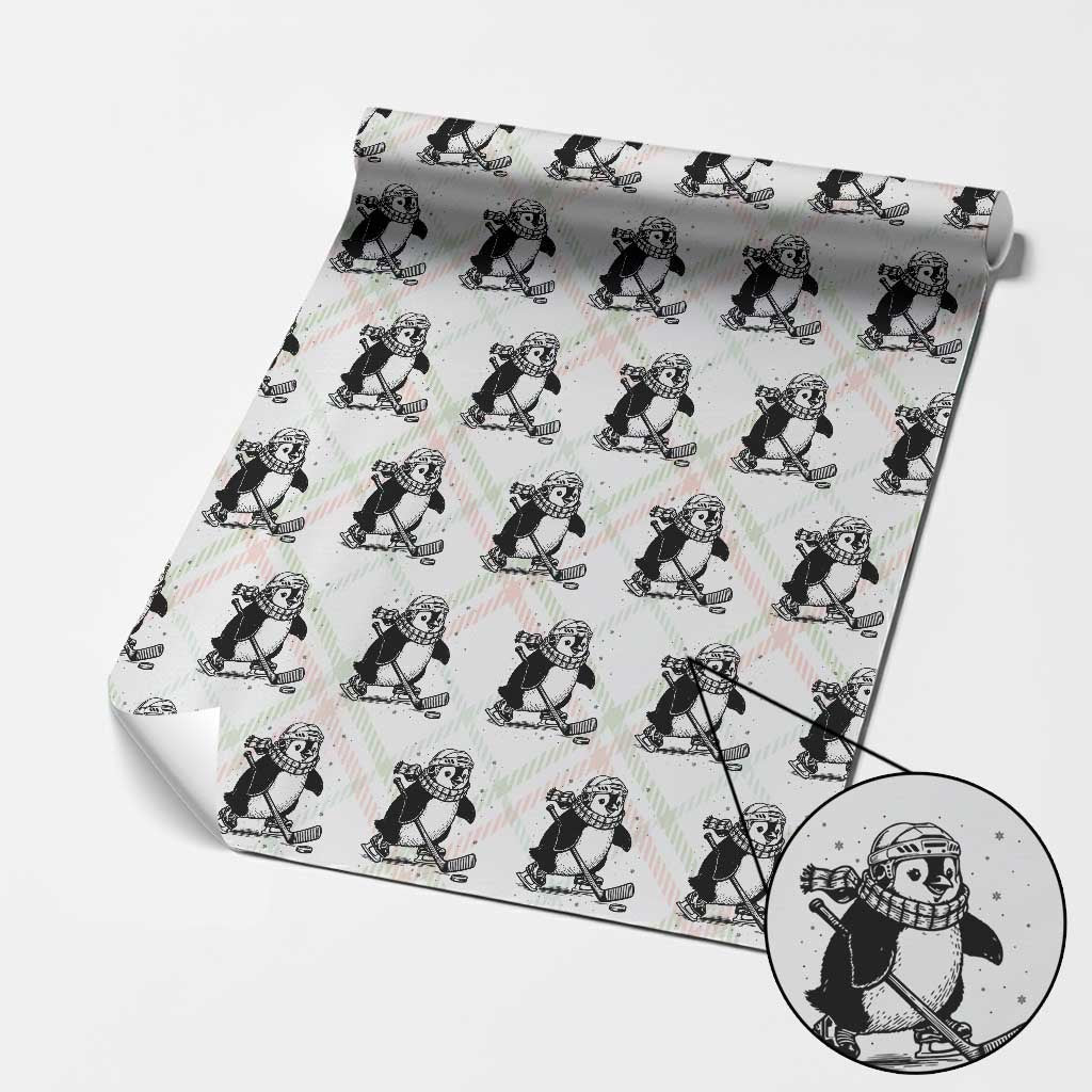 Cute Penguin Playing Ice Hockey Wrapping Paper Roll Funny Sports Lover Gift - Wonder Print Shop
