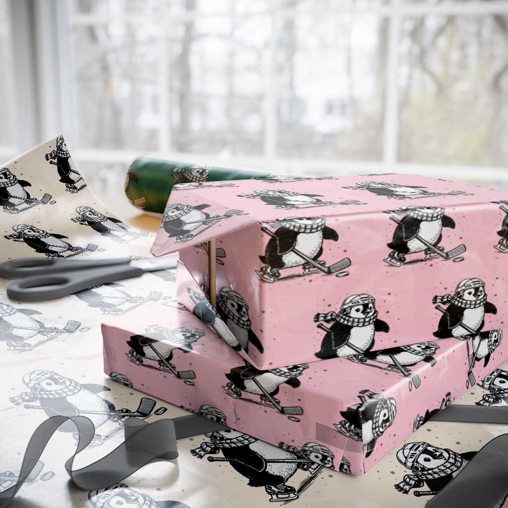 Cute Penguin Playing Ice Hockey Wrapping Paper Roll Funny Sports Lover Gift - Wonder Print Shop