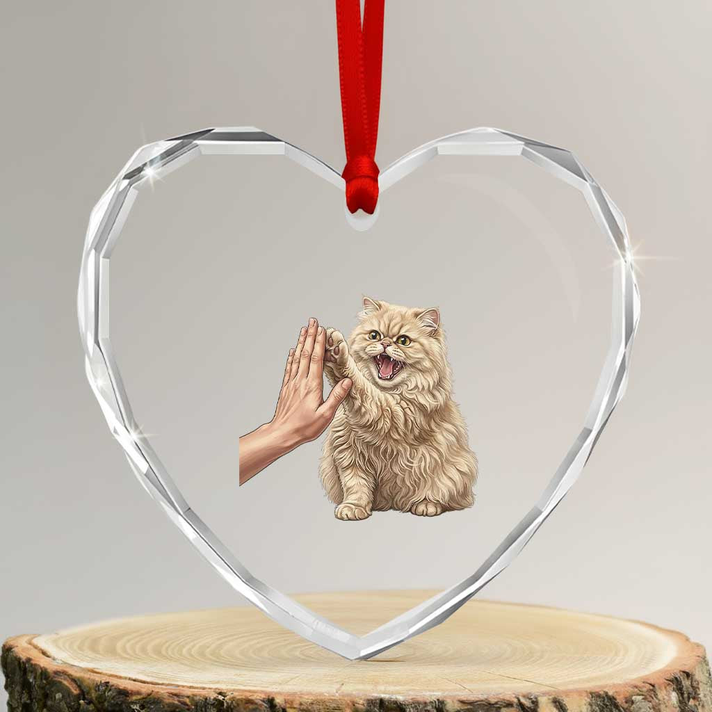Cute Persian Cat High Five Heart Crystal Glass Ornament Cat Lover