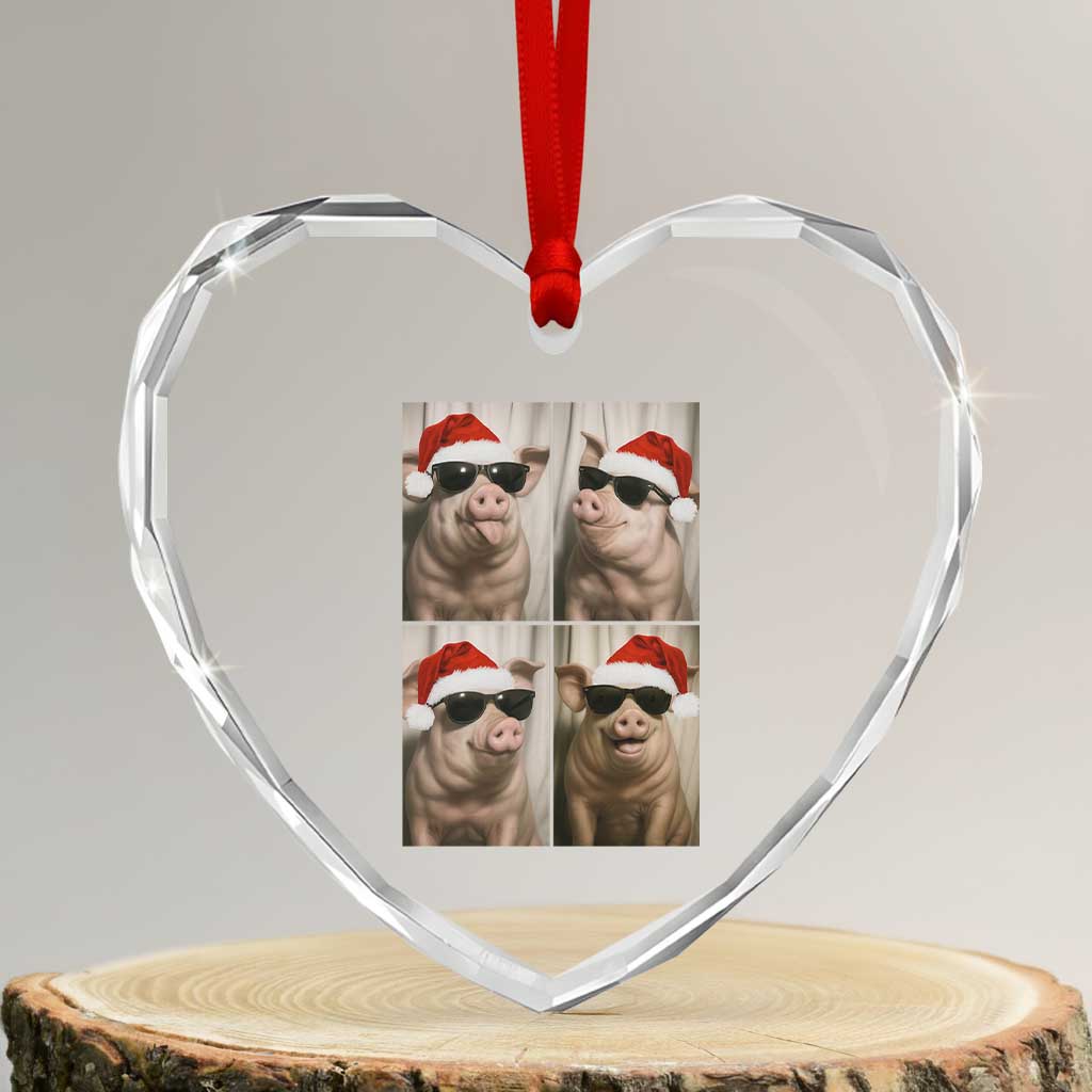 Cute Pig Christmas Selfie Heart Crystal Glass Ornament Funny Holiday Photobooth Gift - Wonder Print Shop