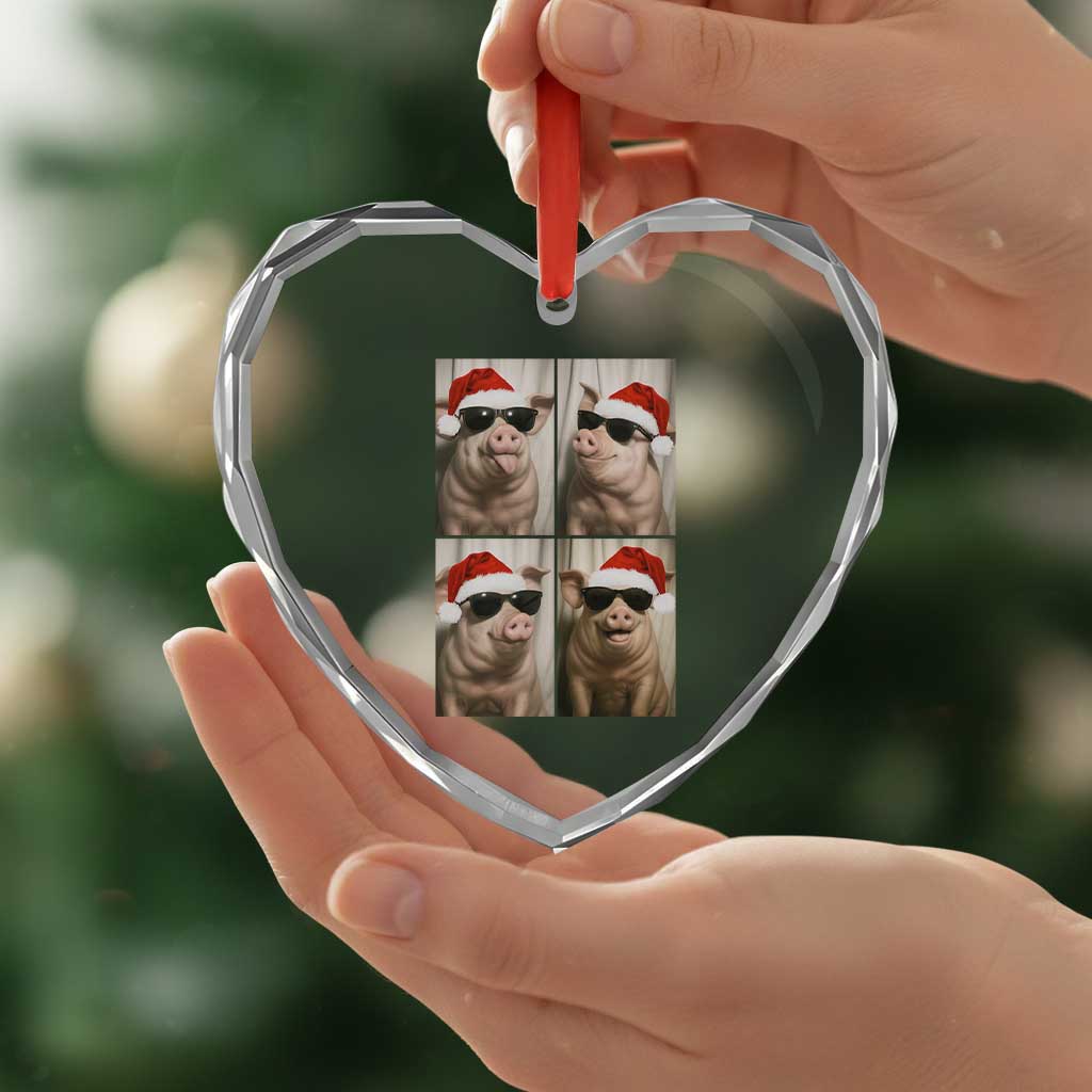 Cute Pig Christmas Selfie Heart Crystal Glass Ornament Funny Holiday Photobooth Gift - Wonder Print Shop