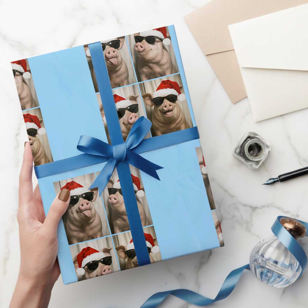Cute Pig Christmas Selfie Wrapping Paper Roll Funny Holiday Photobooth Gift - Wonder Print Shop