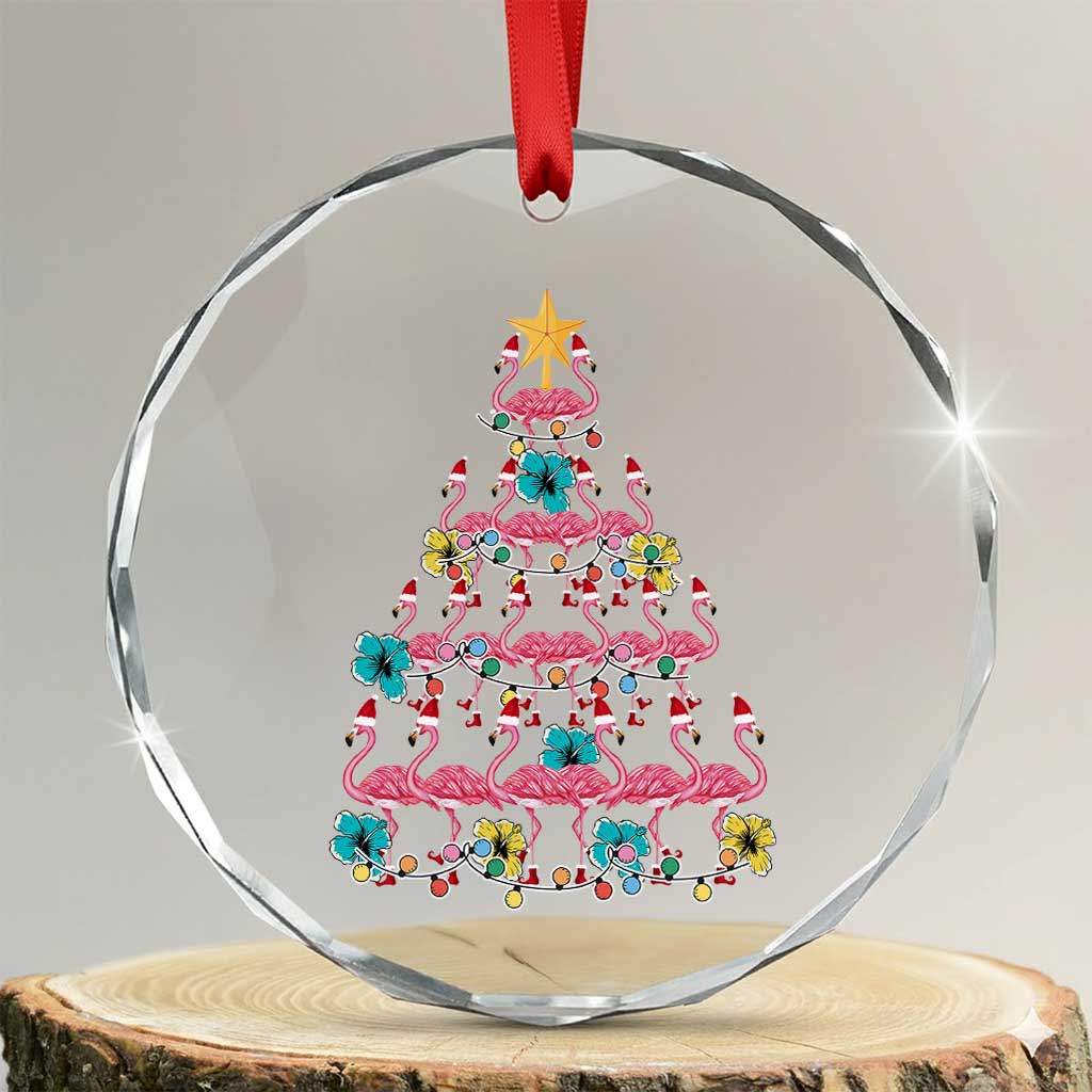 Cute Pink Flamingo Xmas Tree Crystal Glass Ornament With Hibiscus Merry Xmas - Wonder Print Shop