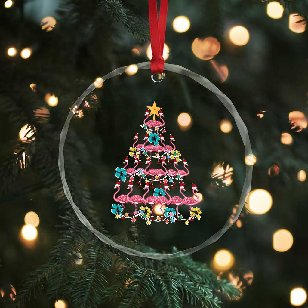 Cute Pink Flamingo Xmas Tree Crystal Glass Ornament With Hibiscus Merry Xmas TS02