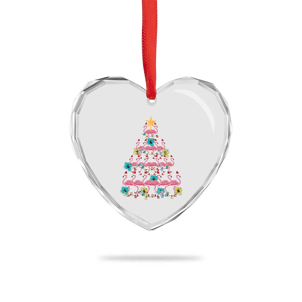 Cute Pink Flamingo Xmas Tree Heart Crystal Glass Ornament With Hibiscus Merry Xmas - Wonder Print Shop