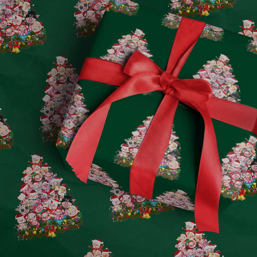 Cute Pink Pigs Xmas Tree Wrapping Paper Roll Funny Farmer Xmas Lights Festive Vibe