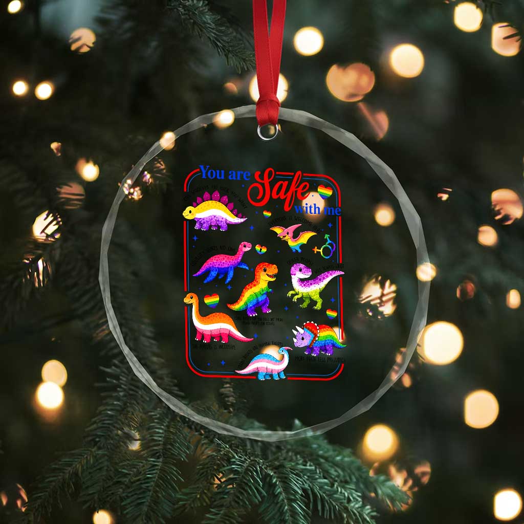 Cute Rainbow Dinosaur LGBTQ Ally Crystal Glass Ornament You Are Safe With Me Pride Month