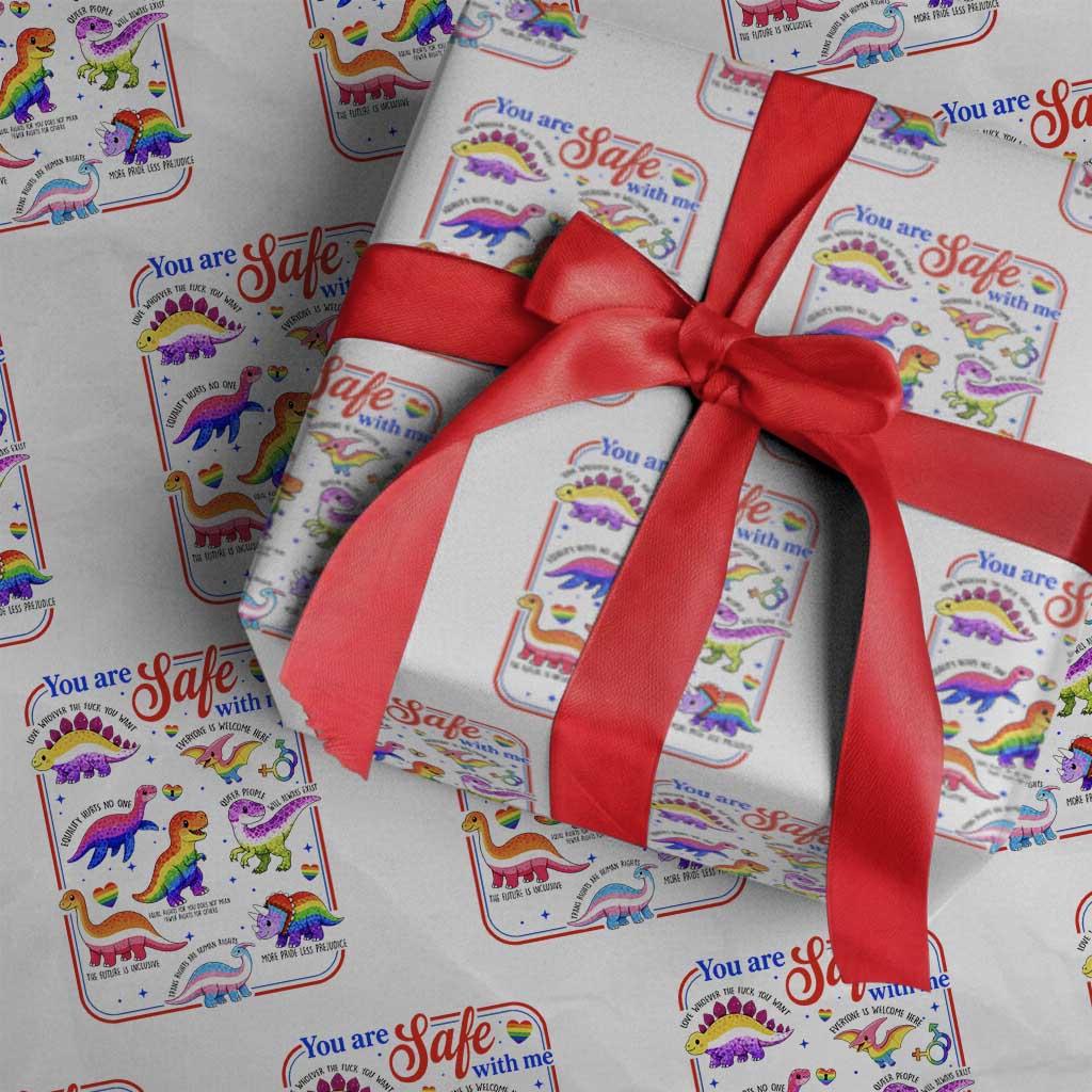 Cute Rainbow Dinosaur LGBTQ Ally Wrapping Paper Roll You Are Safe With Me Pride Month