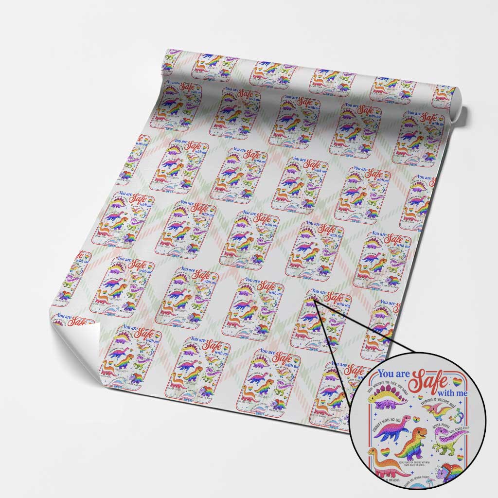 Cute Rainbow Dinosaur LGBTQ Ally Wrapping Paper Roll You Are Safe With Me Pride Month