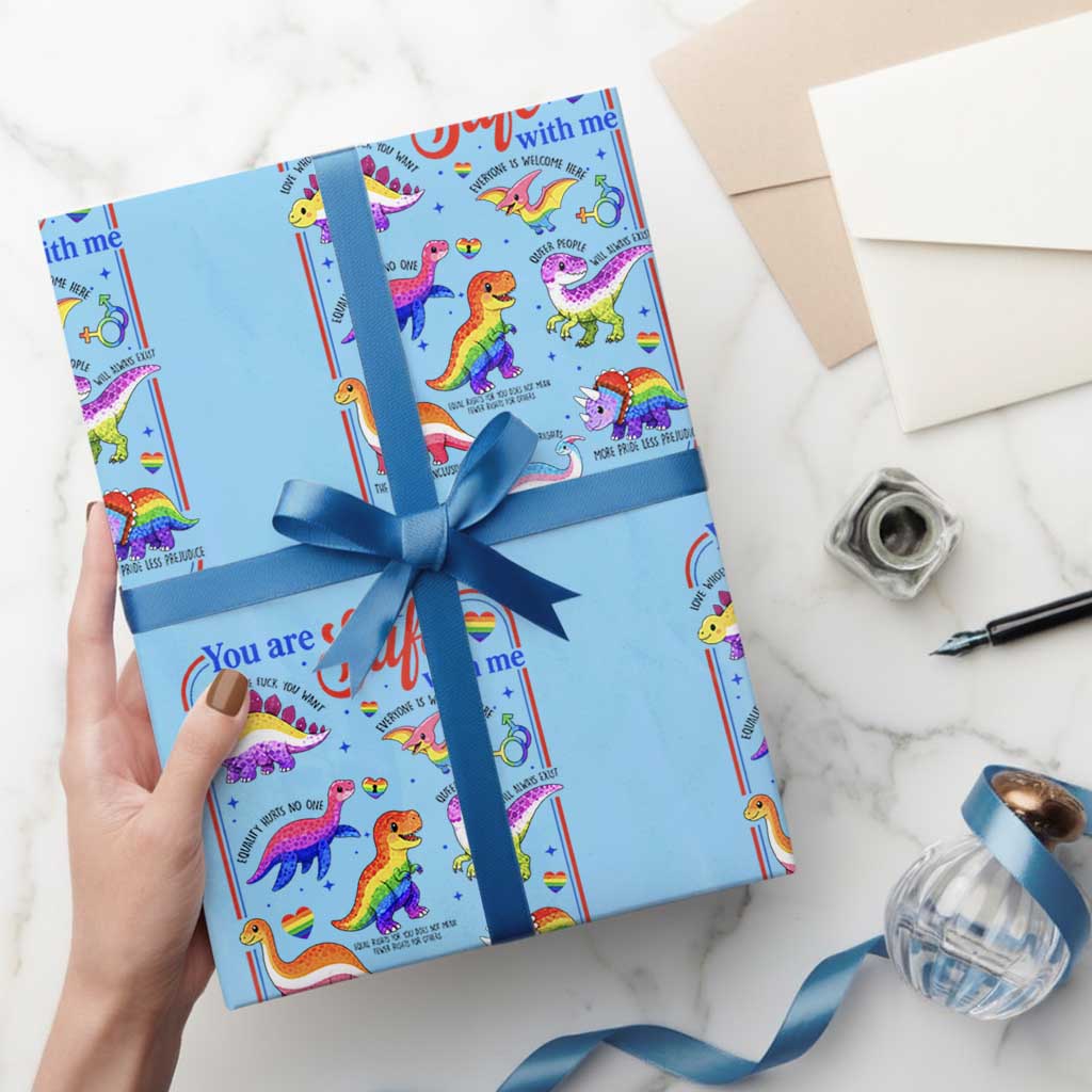 Cute Rainbow Dinosaur LGBTQ Ally Wrapping Paper Roll You Are Safe With Me Pride Month